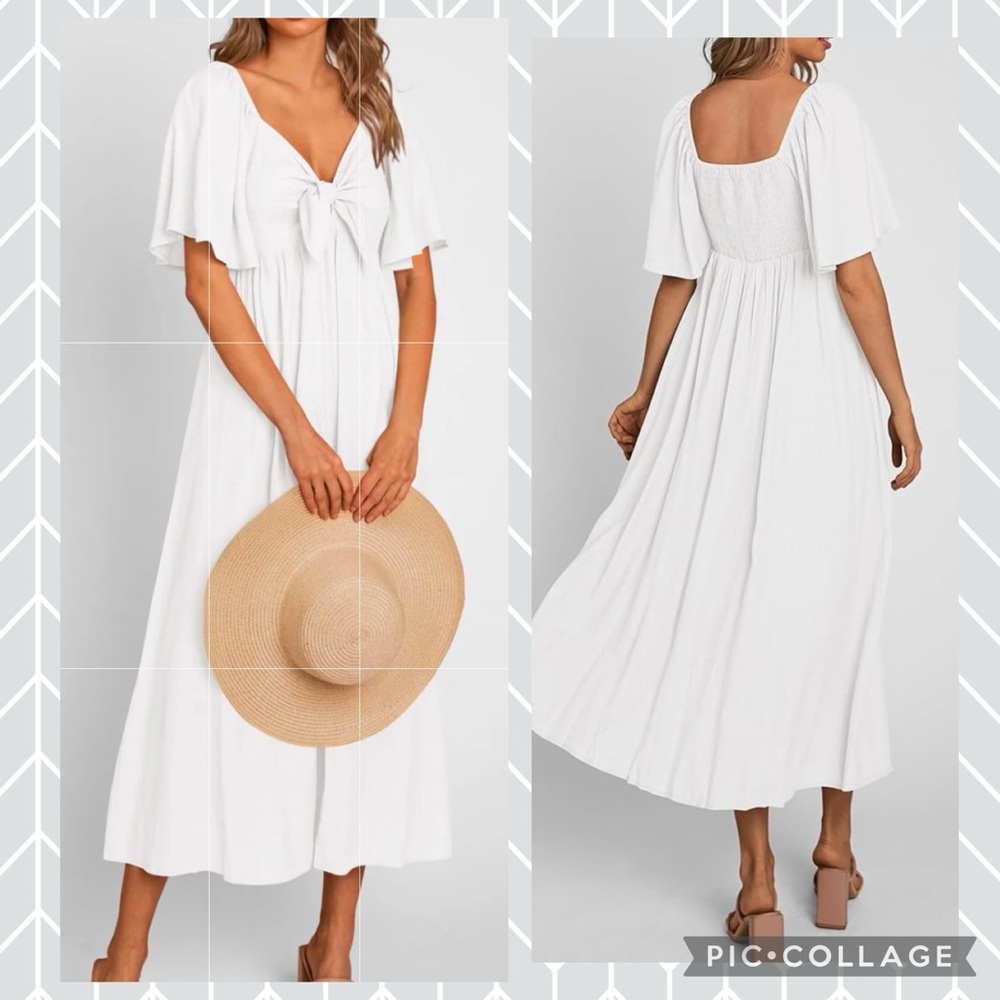 Short Sleeve V Neck White Maxi Dress - Picture 1 of 7